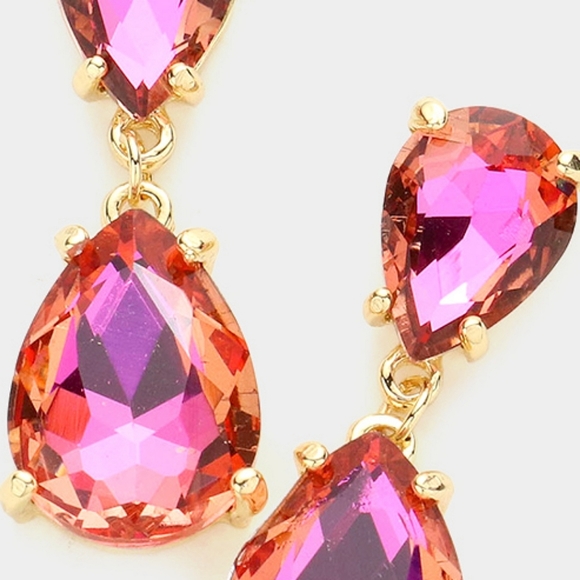 Pink Abalone Dangle Crystal Teardrop Earrings 1.4 Inch Evening Drop Link Womens - Picture 2 of 2